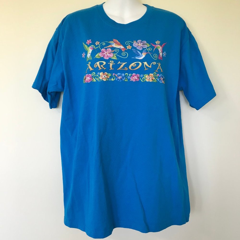 Arizona Bright Blue T-Shirt Colorful Hummingbird Flower Print Vintage Air Waves